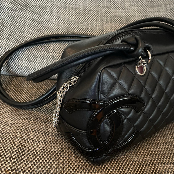 Vintage Chanel Cambon Bowler Bag Black Calfskin Silver Hardware