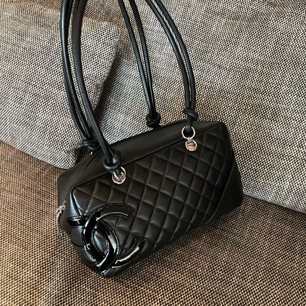 Vintage Chanel Cambon Bowler Bag Black Calfskin Silver Hardware