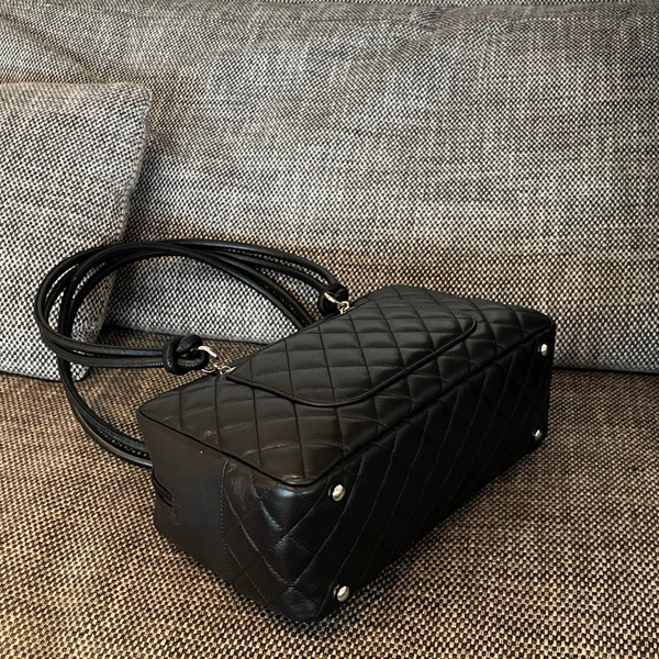 Vintage Chanel Cambon Bowler Bag Black Calfskin Silver Hardware