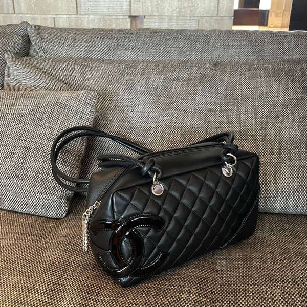 Vintage Chanel Cambon Bowler Bag Black Calfskin Silver Hardware