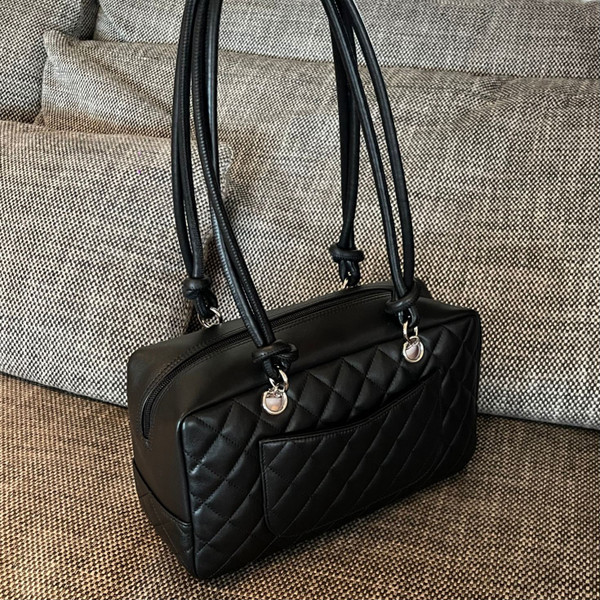 Vintage Chanel Cambon Bowler Bag Black Calfskin Silver Hardware