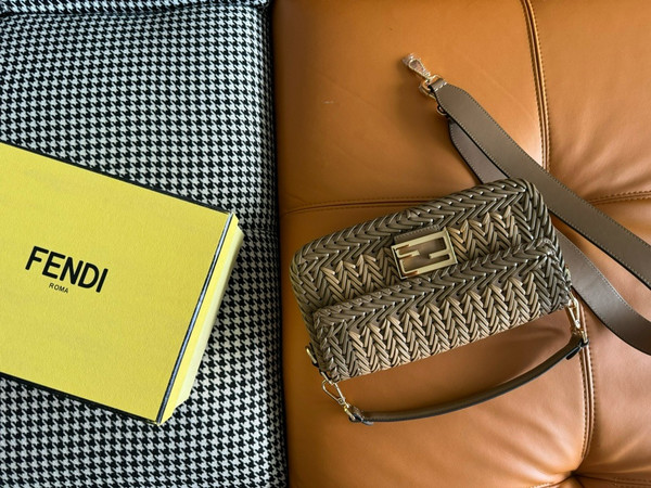 FENDI Interlaced Leather Baguette Bag Brown