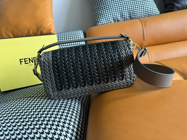 FENDI Interlaced Leather Baguette Bag Black