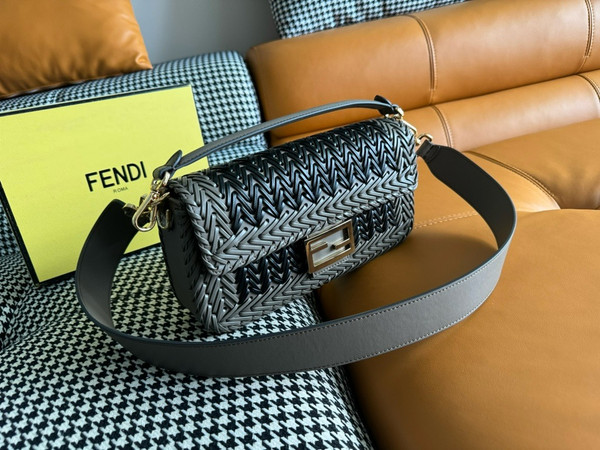 FENDI Interlaced Leather Baguette Bag Black