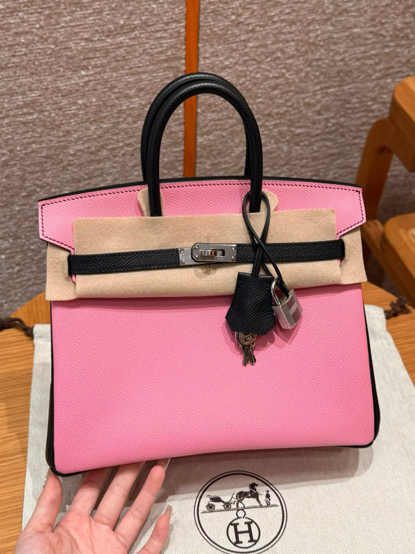 Hermes Special Order Retourne Rose/Black Birkin 25 cm Epsom Palladium Hardware