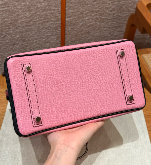 Hermes Special Order Retourne Rose/Black Birkin 25 cm Epsom Palladium Hardware