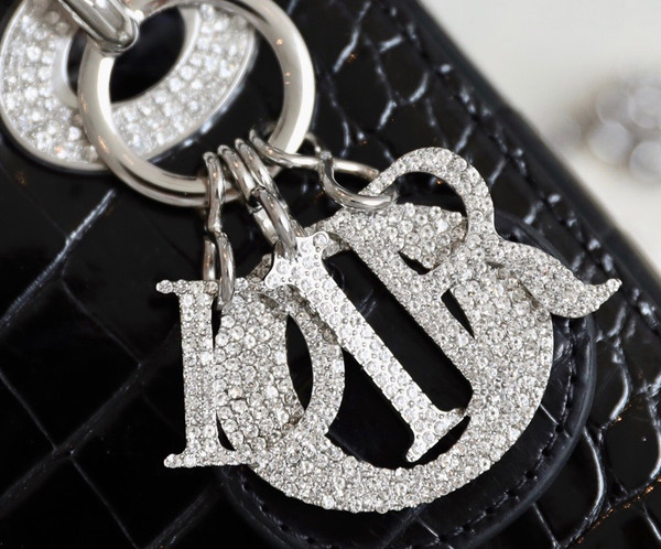 Christian Dior Lady Dior Mini Crocodile Silver Hardware with Crystals Black