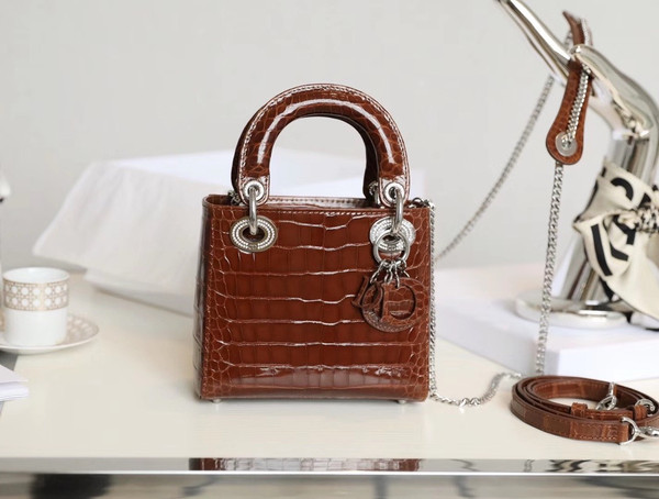 Christian Dior Lady Dior Mini Crocodile Silver Hardware with Crystals Brown