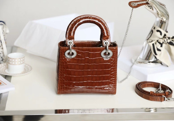 Christian Dior Lady Dior Mini Crocodile Silver Hardware with Crystals Brown