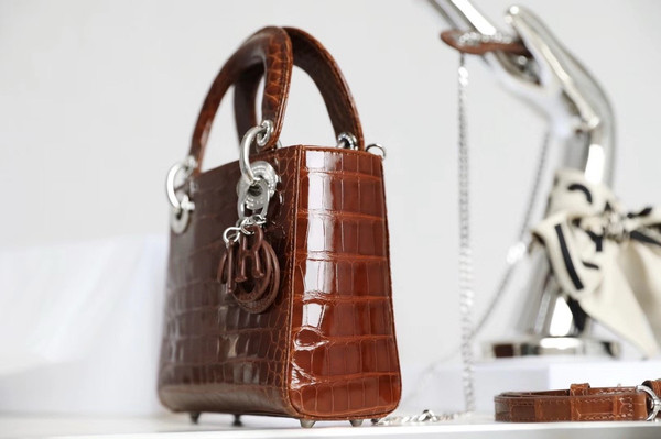 Christian Dior Lady Dior Mini Crocodile Silver Hardware with Crystals Brown