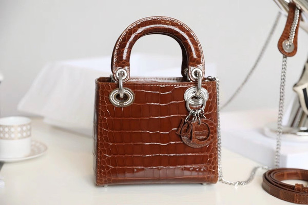 Christian Dior Lady Dior Mini Crocodile Silver Hardware with Crystals Brown
