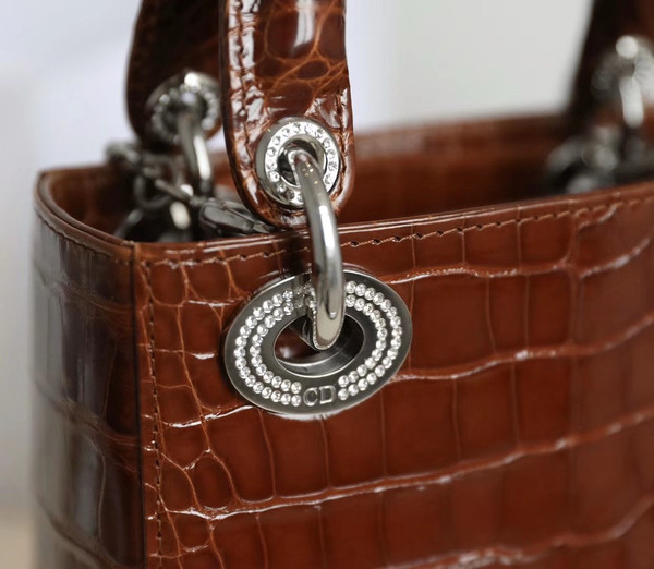 Christian Dior Lady Dior Mini Crocodile Silver Hardware with Crystals Brown