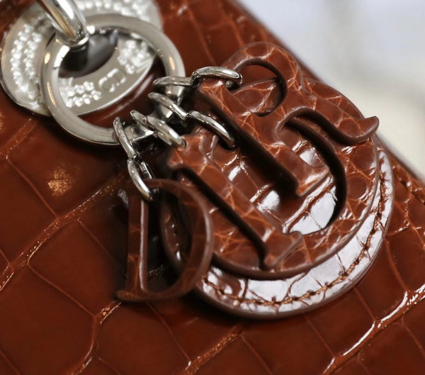 Christian Dior Lady Dior Mini Crocodile Silver Hardware with Crystals Brown
