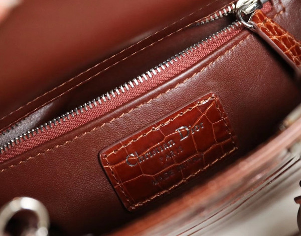 Christian Dior Lady Dior Mini Crocodile Silver Hardware with Crystals Brown