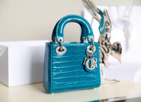 Christian Dior Lady Dior Mini Crocodile Silver Hardware with Crystals Blue