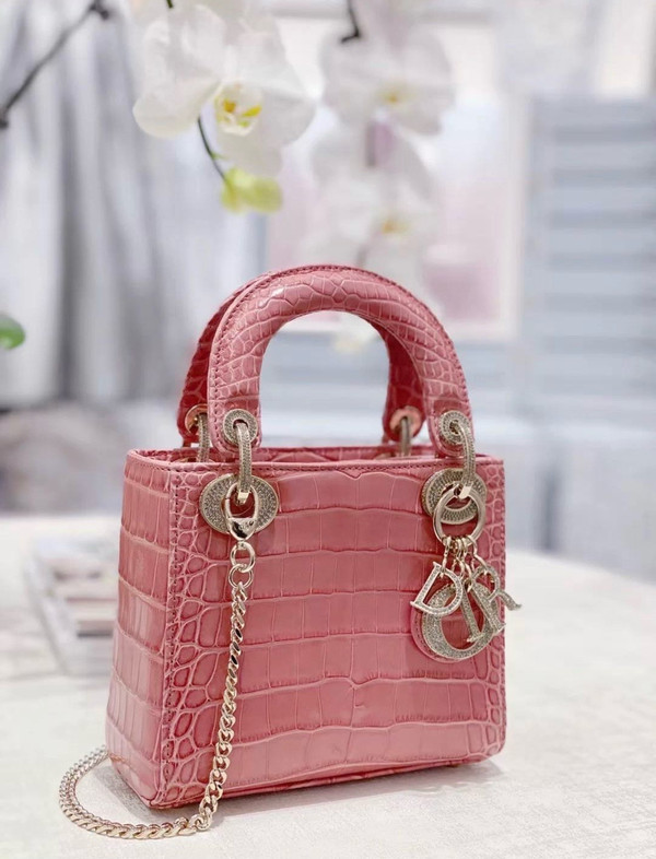 Christian Dior Lady Dior Mini Crocodile Crystal Hardware Pink