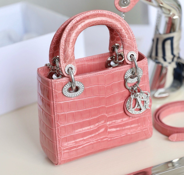 Christian Dior Lady Dior Mini Crocodile Crystal Hardware Pink