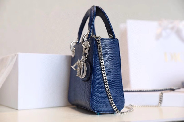 Christian Dior Lady Dior Mini Lizard Hardware with Crystals Blue