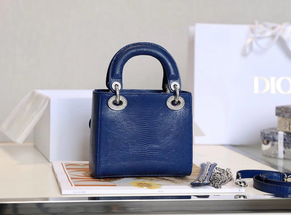 Christian Dior Lady Dior Mini Lizard Hardware with Crystals Blue