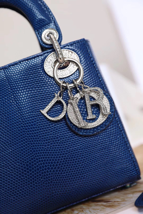 Christian Dior Lady Dior Mini Lizard Hardware with Crystals Blue