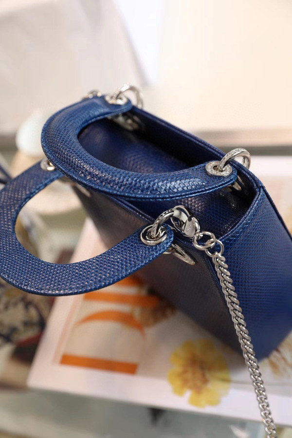 Christian Dior Lady Dior Mini Lizard Hardware with Crystals Blue