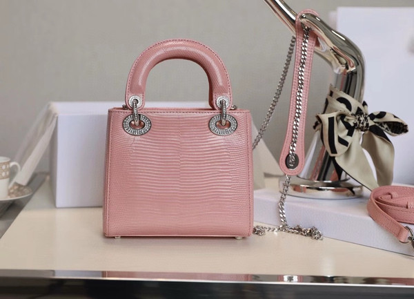 Christian Dior Lady Dior Mini Lizard with Crystals Hardware Pink