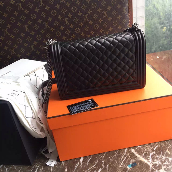 CHANEL Lambskin Black Large 28cm Boy Bag with Silver Hardware