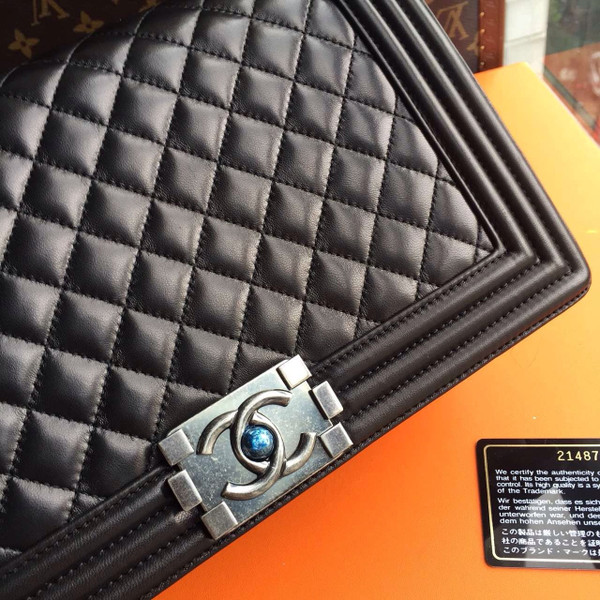 CHANEL Lambskin Black Large 28cm Boy Bag with Silver Hardware