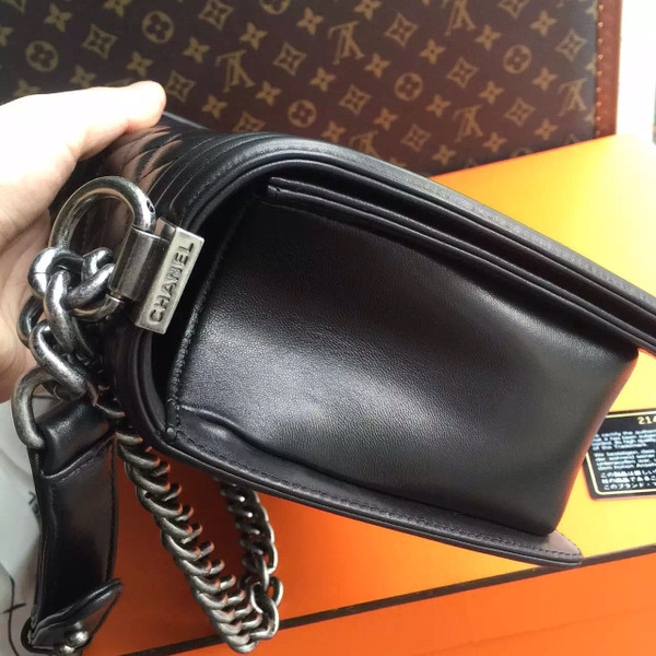 CHANEL Lambskin Black Large 28cm Boy Bag with Silver Hardware