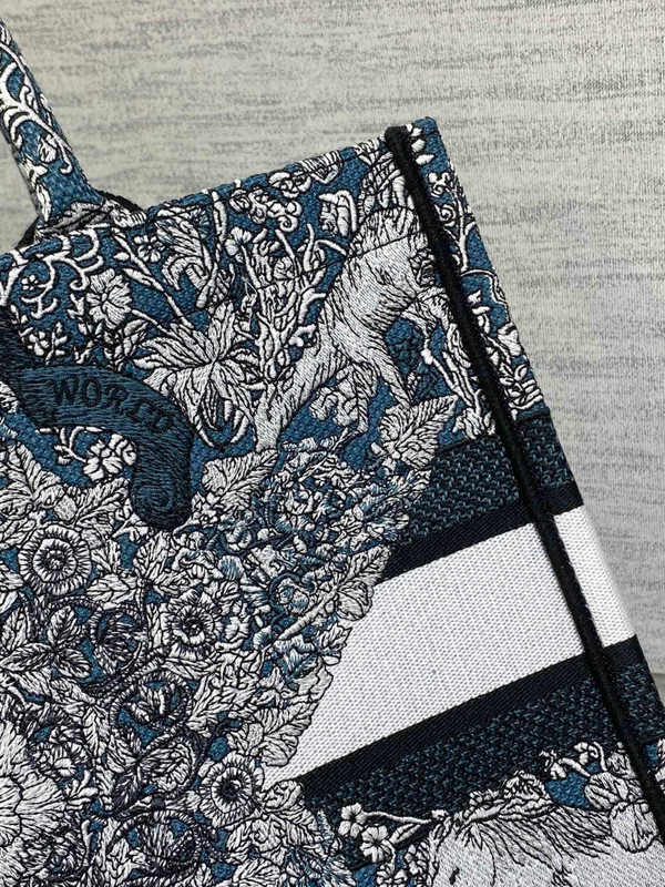 Christian Dior Medium Dior Book Tote Blue Embroidery with White Dior Around the World Motif