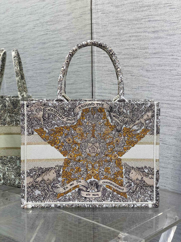 Christian Dior Medium Dior Book Tote Latte Embroidery with Gold-Tone Dior Around the World Motif