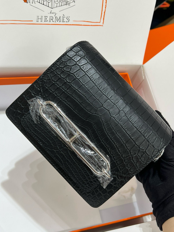 Hermes Noir Nile Crocodile PHW Roulis Mini 18/19 Handbag