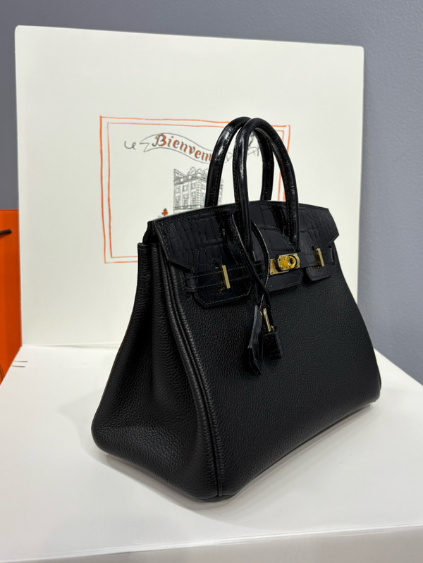 Hermes Birkin Touch 25 Black Porosus Crocodile Black Togo  leather with Gold Hardware