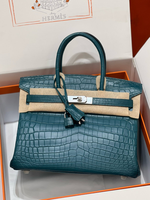 Hermes Birkin Bag 30 In Vert Bosphore Niloticus Crocodile with Palladium hardware