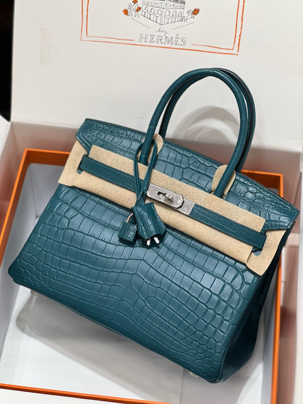 Hermes Birkin Bag 30 In Vert Bosphore Niloticus Crocodile with Palladium hardware