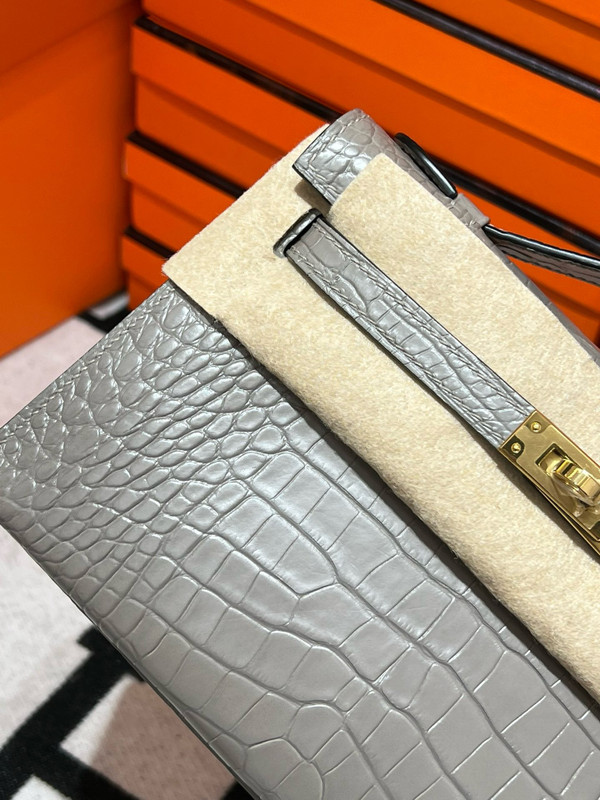 Hermès Shiny Gris Tourterelle Alligator Kelly Pochette
