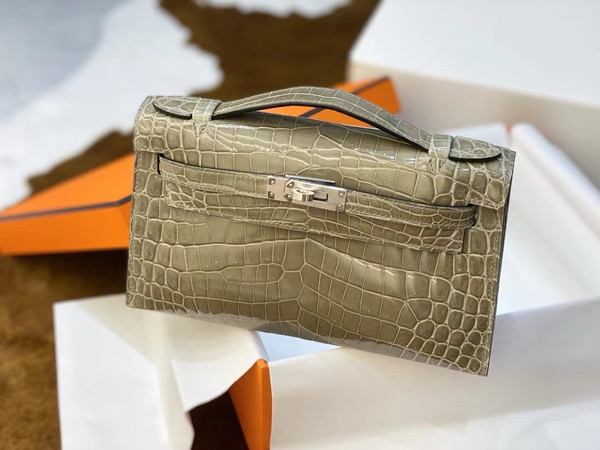 Hermès Shiny Gris Tourterelle Alligator Kelly Pochette Palladium Hardware