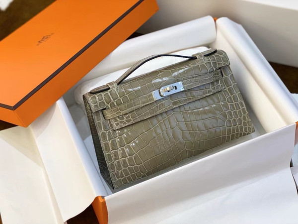 Hermès Shiny Gris Tourterelle Alligator Kelly Pochette Palladium Hardware