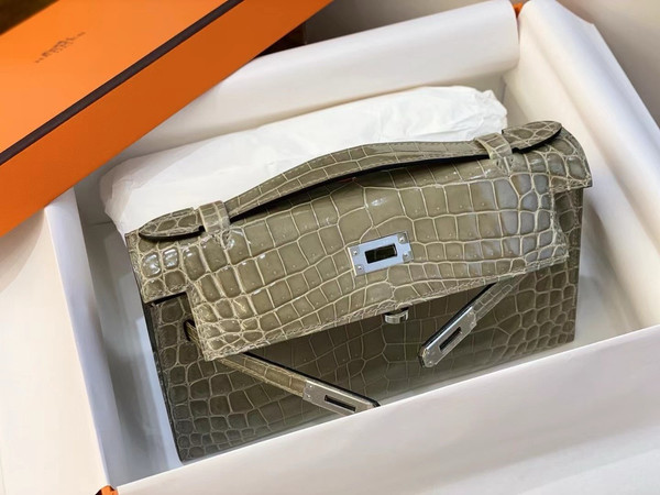 Hermès Shiny Gris Tourterelle Alligator Kelly Pochette Palladium Hardware