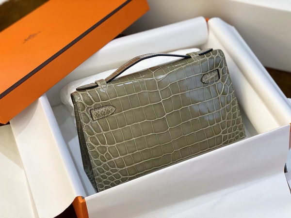 Hermès Shiny Gris Tourterelle Alligator Kelly Pochette Palladium Hardware