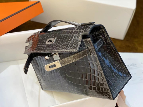 Hermès Shiny Graphite  Alligator Kelly Pochette Palladium Hardware