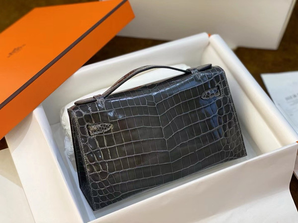 Hermès Shiny Graphite  Alligator Kelly Pochette Palladium Hardware
