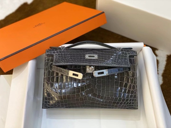Hermès Shiny Graphite  Alligator Kelly Pochette Palladium Hardware