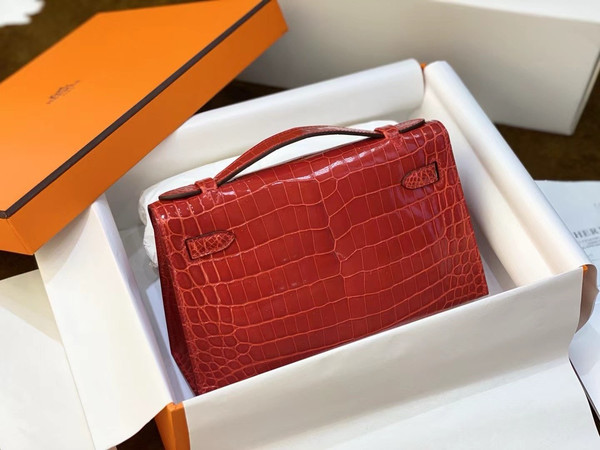 Hermès Shiny Red  Alligator Kelly Pochette Palladium Hardware