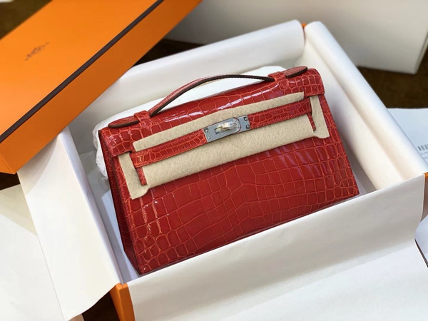 Hermès Shiny Red  Alligator Kelly Pochette Palladium Hardware
