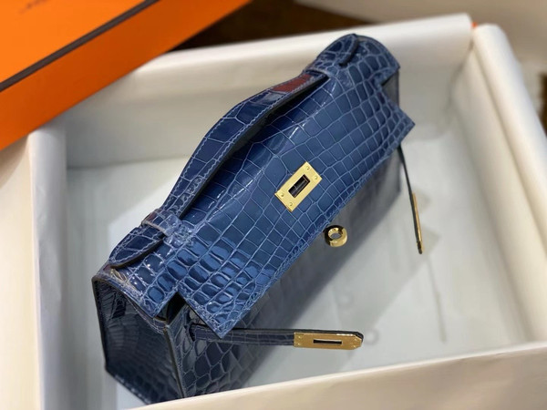 Hermès Shiny Blue Alligator Kelly Pochette Gold Hardware