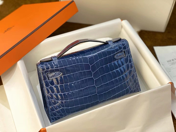 Hermès Shiny Blue Alligator Kelly Pochette Palladium Hardware