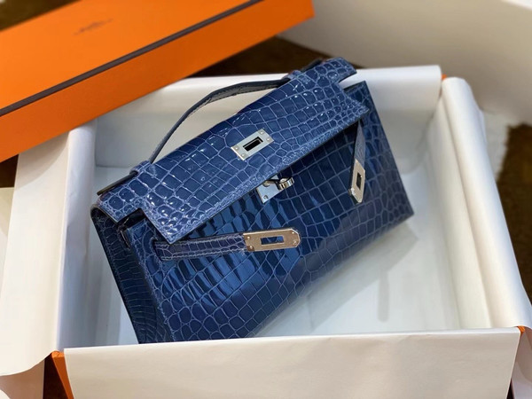 Hermès Shiny Blue Alligator Kelly Pochette Palladium Hardware