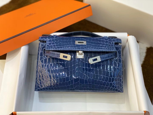 Hermès Shiny Blue Alligator Kelly Pochette Palladium Hardware