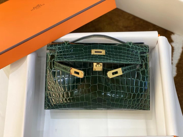 Hermès Shiny Vert Fonce Alligator Kelly Pochette Gold Hardware